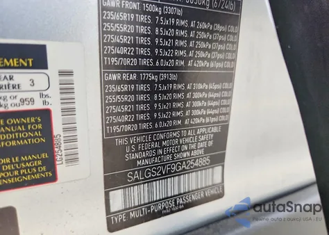 2016 Land Rover Range Rover Hse z USA, uszkodzony, nr VIN SALGS2VF9GA254885